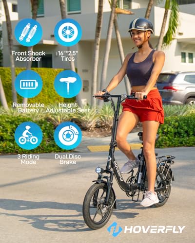 HOVERFLY H3 16" Electric Bike, Max 28Miles Range(Pedal-Assist) Folding E-Bike with Removable Battery, Front Suspension and Commuter Electric Bicycle Adults