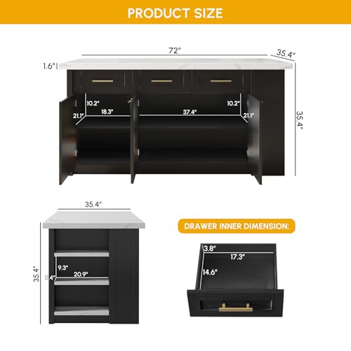 homary 72'' Kitchen Islands with Storage Modern White Kitchen Table with Seating & 3 Drawers Dining Table