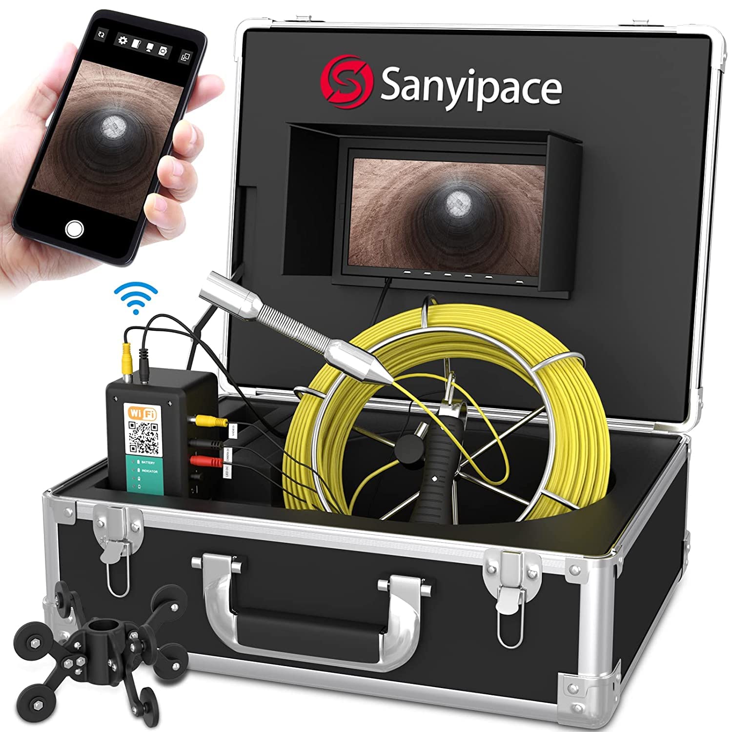 Sewer Camera 100ft, Wireless Pipe Inspection Camera, WiFi Industrial Endoscope Camera for Android/iOS, Max Work to 5 Device, 7'' LCD Monitor Video Pipe Inspection Camera Waterproof Sewer Drain Camera