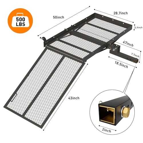 WILDROAD Hitch Cargo Carrier with Ramp 50" x 29" x 4" 500 LBS Folding Trailer Hitch Cargo Carrier Fits 2" Receiver with Hitch Stabilizer and 4pcs Ratchet Straps