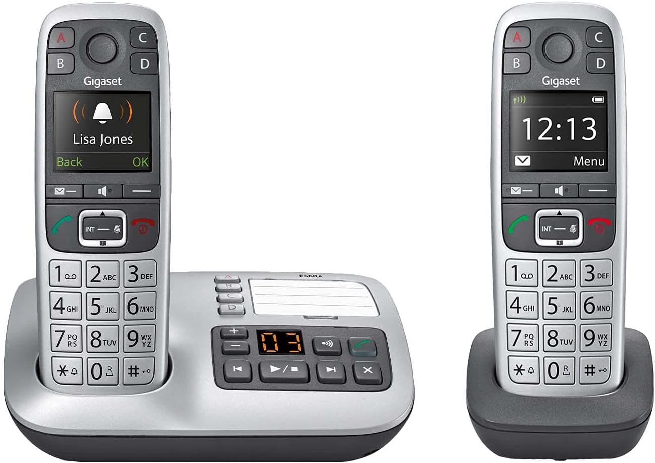 Gigaset E560A – Cordless Phone for Seniors with Answering Machine and SOS Key, Brilliant Sound Quality and Volume Amplification - Made in Germany (Platinum, Pack of 1)