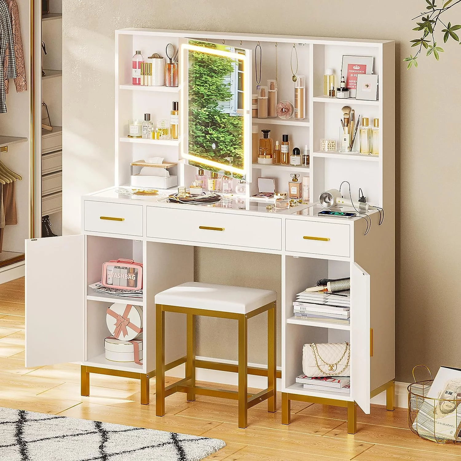 AOGLLATI Vanity Desk with Lights Mirror and 3 Drawers,Glass Tabletop Make up Vanity Set with Charging Station & 2 Cabinets,Hidden Hooks,White