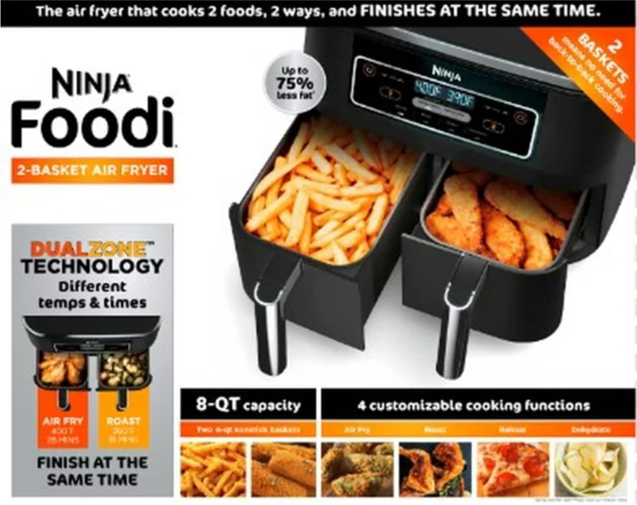Ninja Foodi 4-in-1 8-Quart. 2-Basket Air Fryer with DualZone Technology- Air Fry, Roast, and More