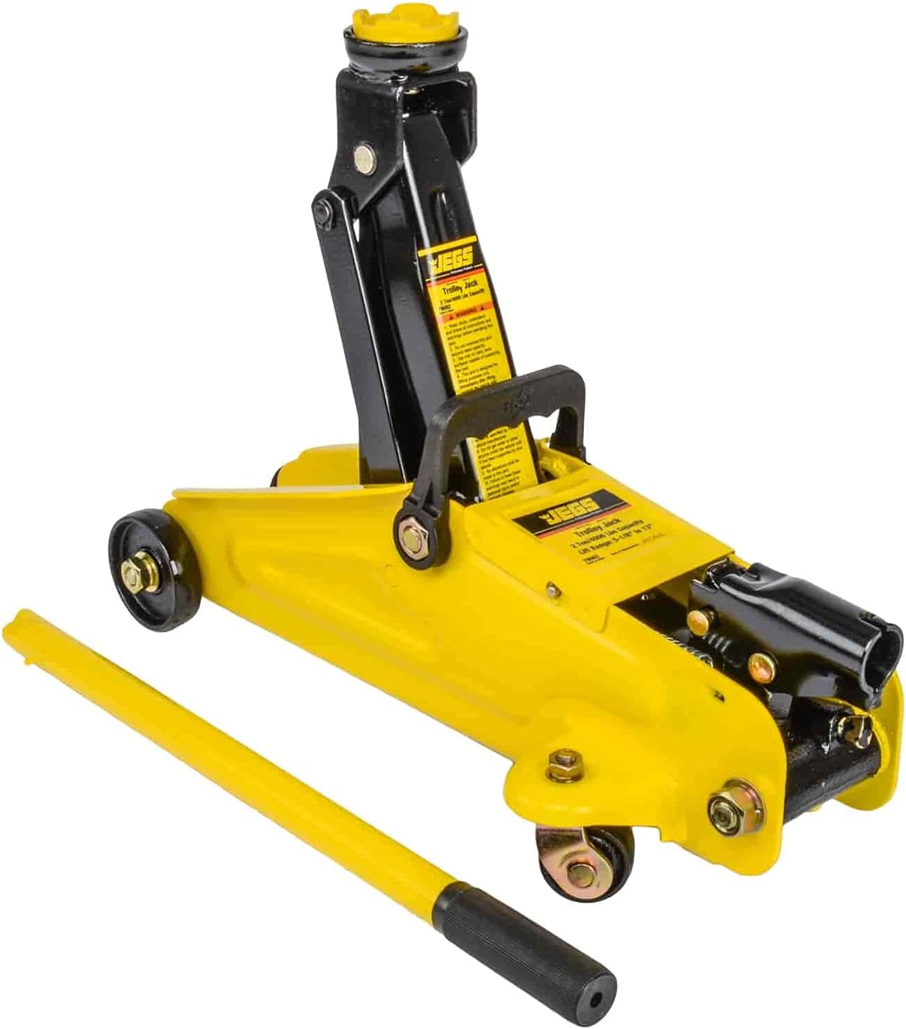 JEGS Hydraulic Utility Floor Jack and Jack Stands | 2-Ton Capacity | Heavy Gauge Steel Frames | Powder Coated Black and Yellow | Heavy Duty Caster Wheels on Floor Jack