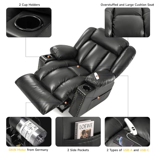 Large Power Lift Chairs Recliners for Elderly with Heated and Massage, Overstuffed Adjustable Lift Chairs, 3 Positions, Breathable Leather, USB-A and USB-C, Cup Holder, Side Pocket Dark Brown