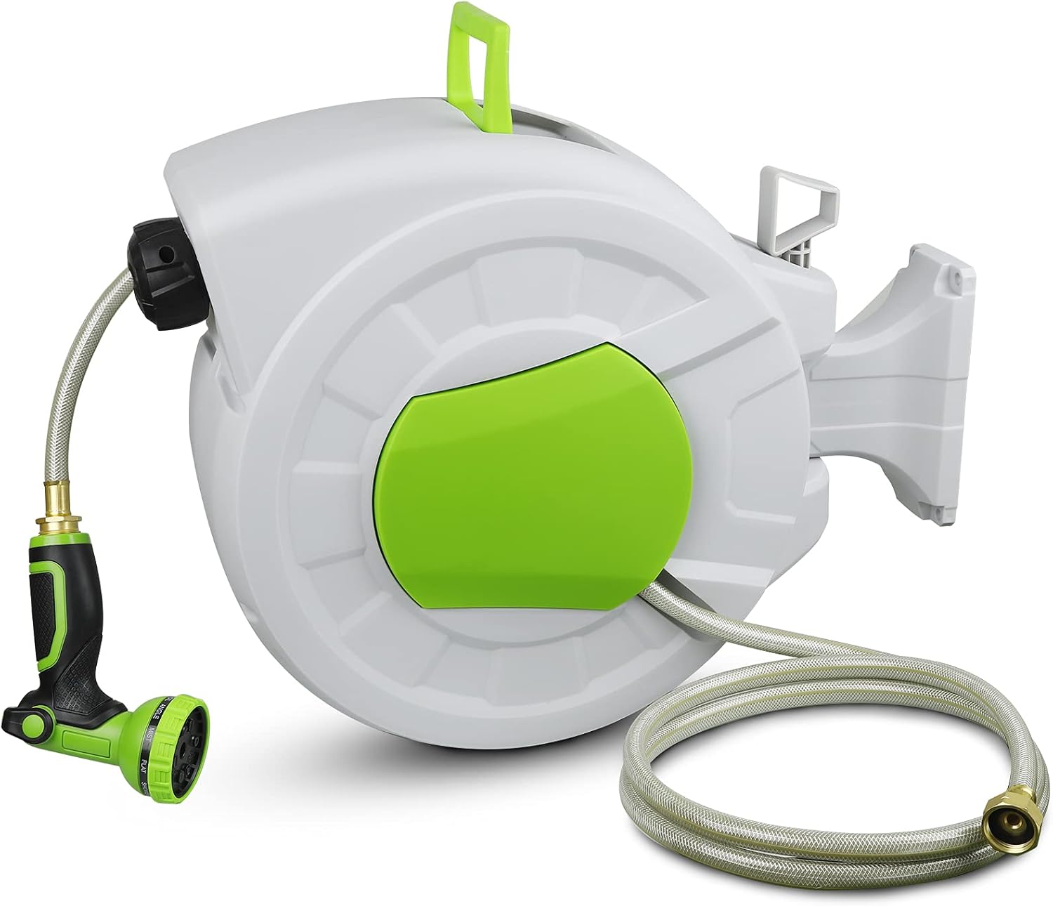 Retractable Garden Hose Reel, 1/2 Inch x 100 ft Water Hose Reel Wall Mount, 10 Patterns Hose Nozzle/ Self-Winding/ Any Length Lock/ 180°Swivel Bracket Hose Box