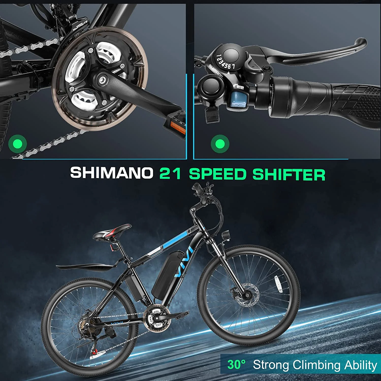 Vivi Electric Bike 26 Adult Electric Mountain Bike 500W Hardtail Electric Commuter Bike 21 Speed with Cruise Control Up to 20MPH & 50Miles