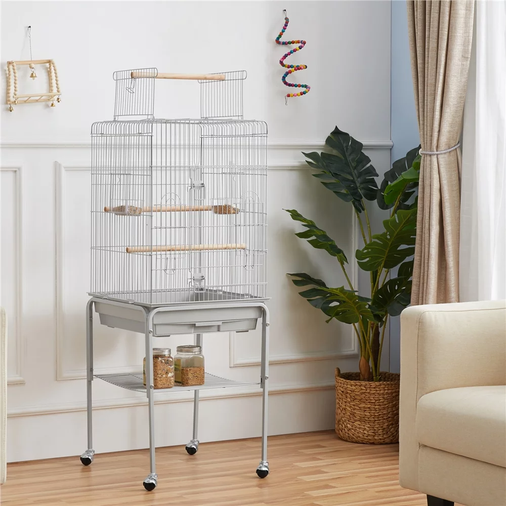 Alden Design 53.5" Metal Rolling Bird Cage with Play Top Stand, Light Gray - Curated Treasures Market