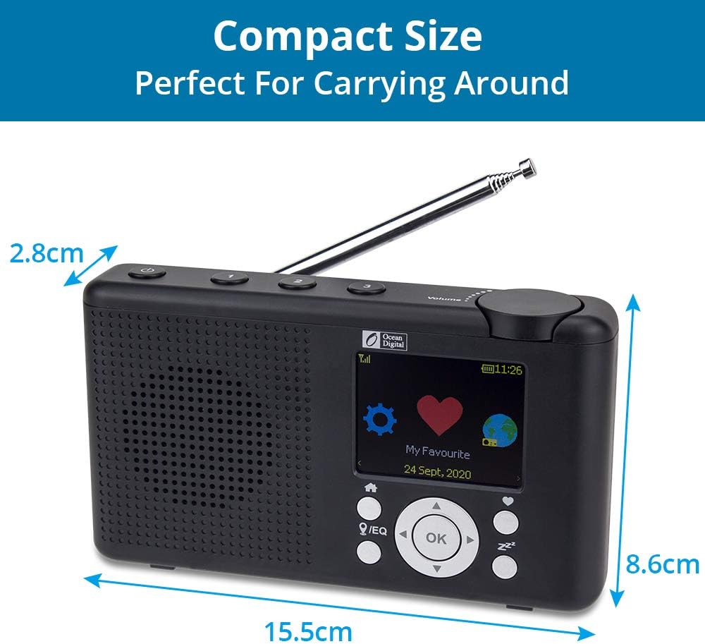 Ocean Digital WR-23D Portable FM Internet Radio 2.4” Color LCD Built-in Battery Wi-Fi Bluetooth UPnP & DLNA Player (Black) Pack of 2