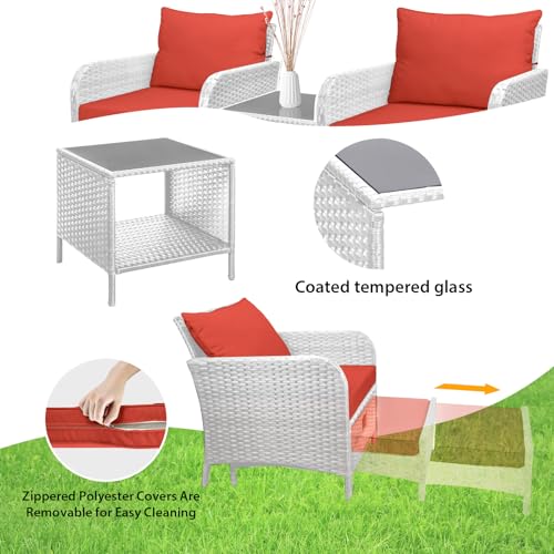 LEVELEVE Balcony Furniture 5 Piece Patio Conversation Set, PE Wicker Rattan Outdoor Lounge Chairs with Soft Cushions 2 Ottoman&Glass Table for Porch, Lawn-Brown Wicker
