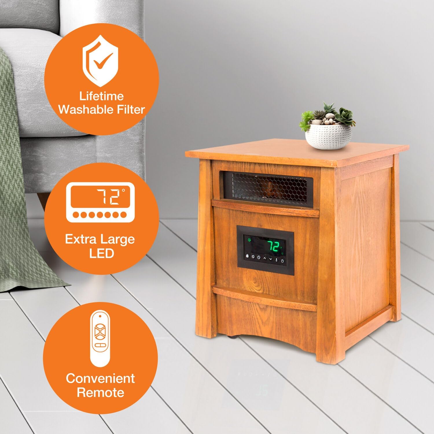 Lifesmart 8 Element Infrared Wood Cabinet Heater with Remote Control, Portable Infrared Cabinet Heater for Bedroom, Living Room, and Basement with Cool Touch Exterior Cabinet and Overheat Protection