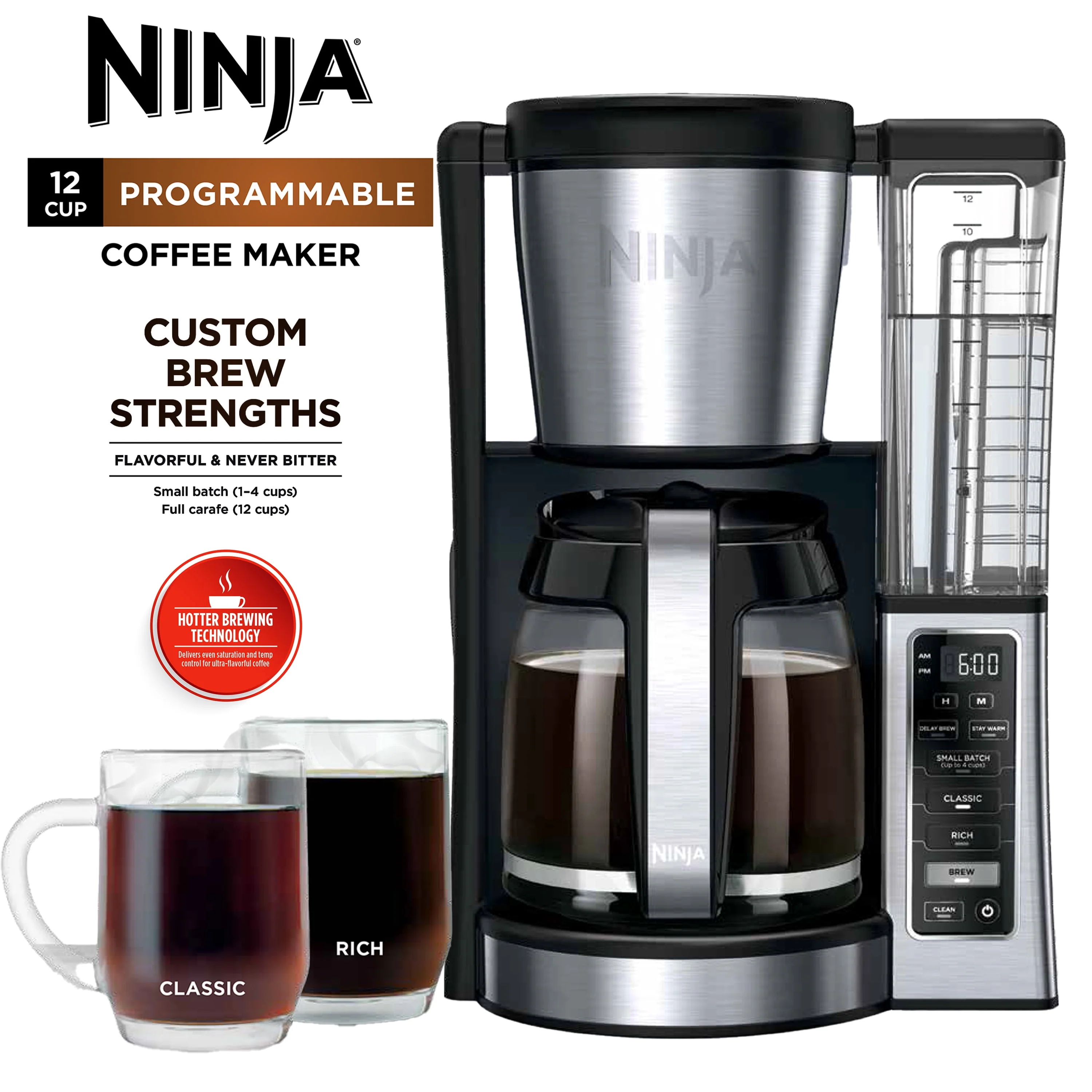 Ninja® 12-Cup Programmable Coffee Maker, Glass Carafe, Stainless Steel, CE250