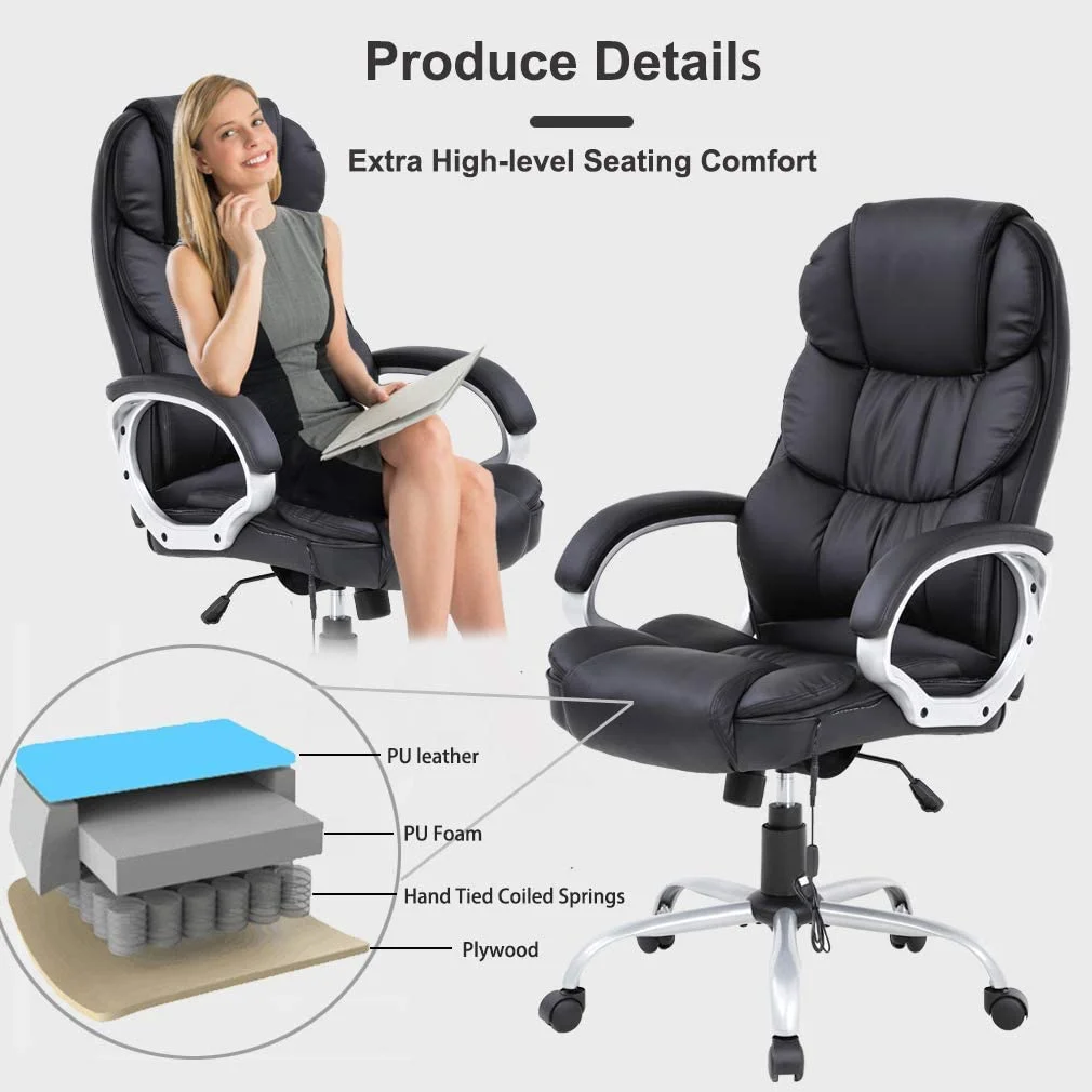 BestOffice Office Chair Massage Desk Chair Ergonomic Computer Chair with Lumbar Support Headrest Armrest High Back Task Chair Rolling Swivel PU Leather Executive Chair for Women Adults, Black