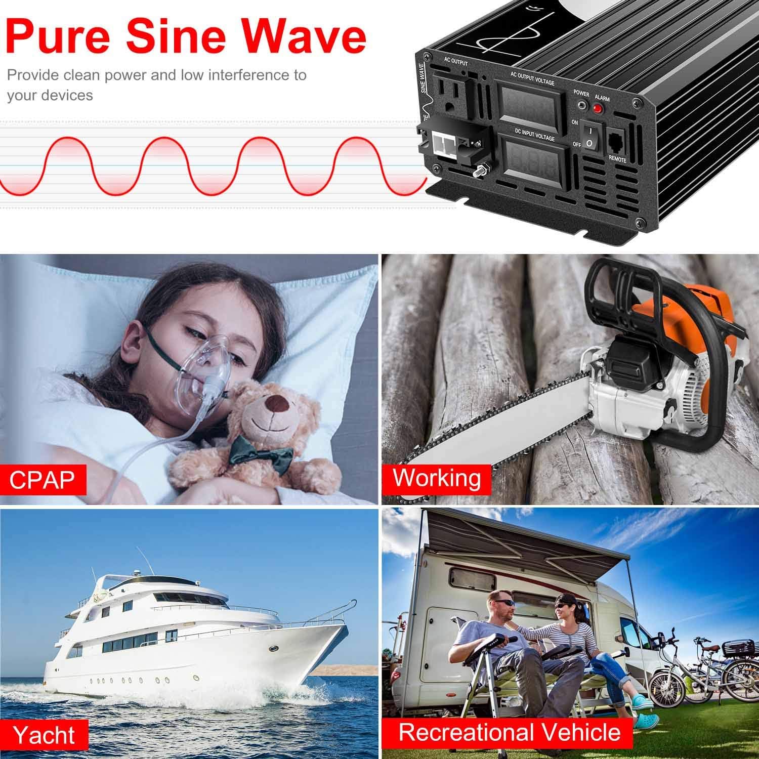 Xijia 3000W (Peak Power 6000W) Pure Sine Wave Power Inverter DC24V to 110V 120V ac Converter 60HZ with Soft Start for car &Camping (DC24V (Range 20V-30V) 3000W)