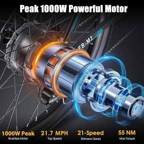 Electric Bike for Adults, Peak 1000W Ebike, 50Miles 21.7MPH Adult Electric Bicycles, 26" Electric Mountain Bike 48V 374.4WH Battery, Commuter E Bike with Adjustable Stem, Fenders, 21 Speed