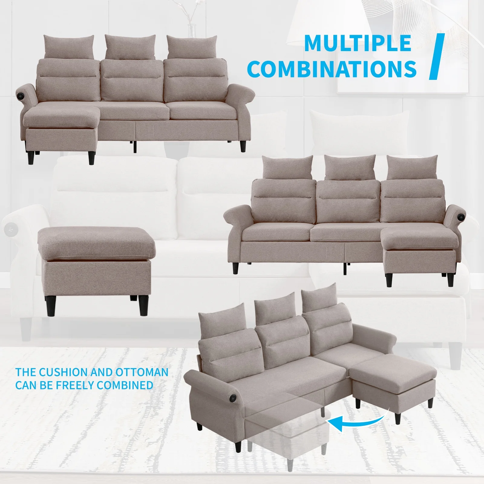 Mjkone L-Shaped Couch with Storage Ottoman and 2 USB Ports, Convertible Sectional Sofa Couch with Adjustable Armrest, Living Room Furniture Suitable for Apartment/Living Room,Beige