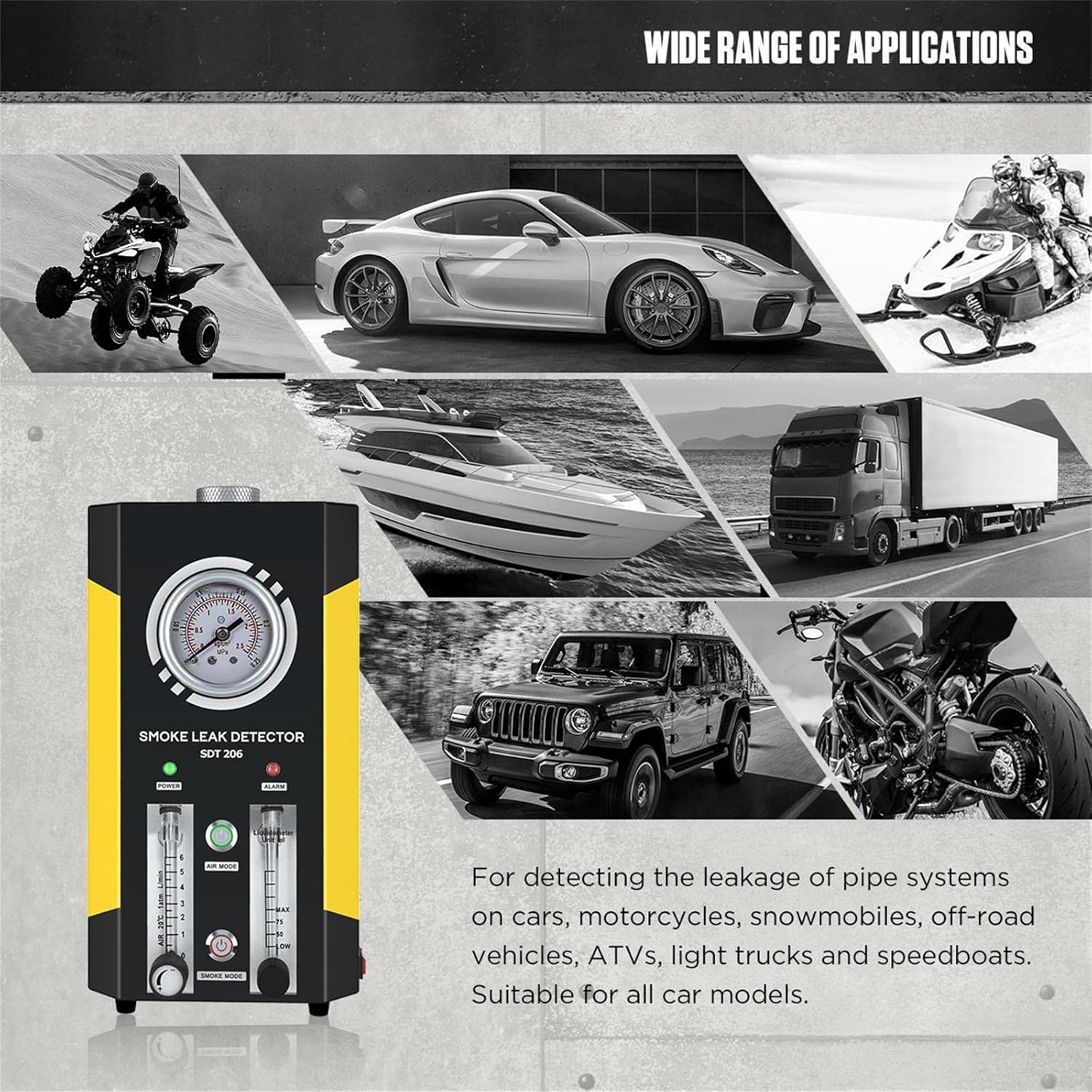VKALTUL Automotive Smoke Machine Leak Detector EVAP 12V Car Pipe System Smoke Tester with Adjustable Flow Meter for Vehicles Motorcycles