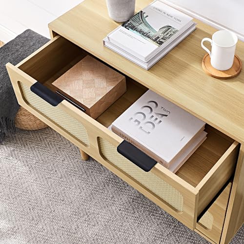 Garteder Modern Rattan Storage Cabinet with Wide Drawers and Metal Handles, Farmhouse Wooden Storage Chest of 3 Drawers for Dining Room, Living Room, Hallway, Entryway