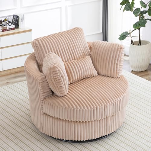 Chair and A Half with Ottoman, 360° Swivel Accent Barrel Chair Modern Comfy Round Reading Sofa Swivel Chairs Circle Lounge Chair for Bedroom Living Room w/4 Pillow Lower Seating Heigh (White, Large)