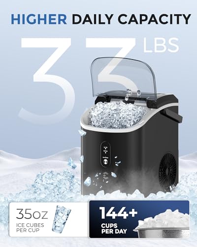 Nugget Ice Maker Countertop,Chewable Pellet Ice, 33 LBS/24 H,Compact Self-Cleaning Ice Machine with Ice Bags，Pebble Ice Maker for Home, Kitchen, RV, Camping