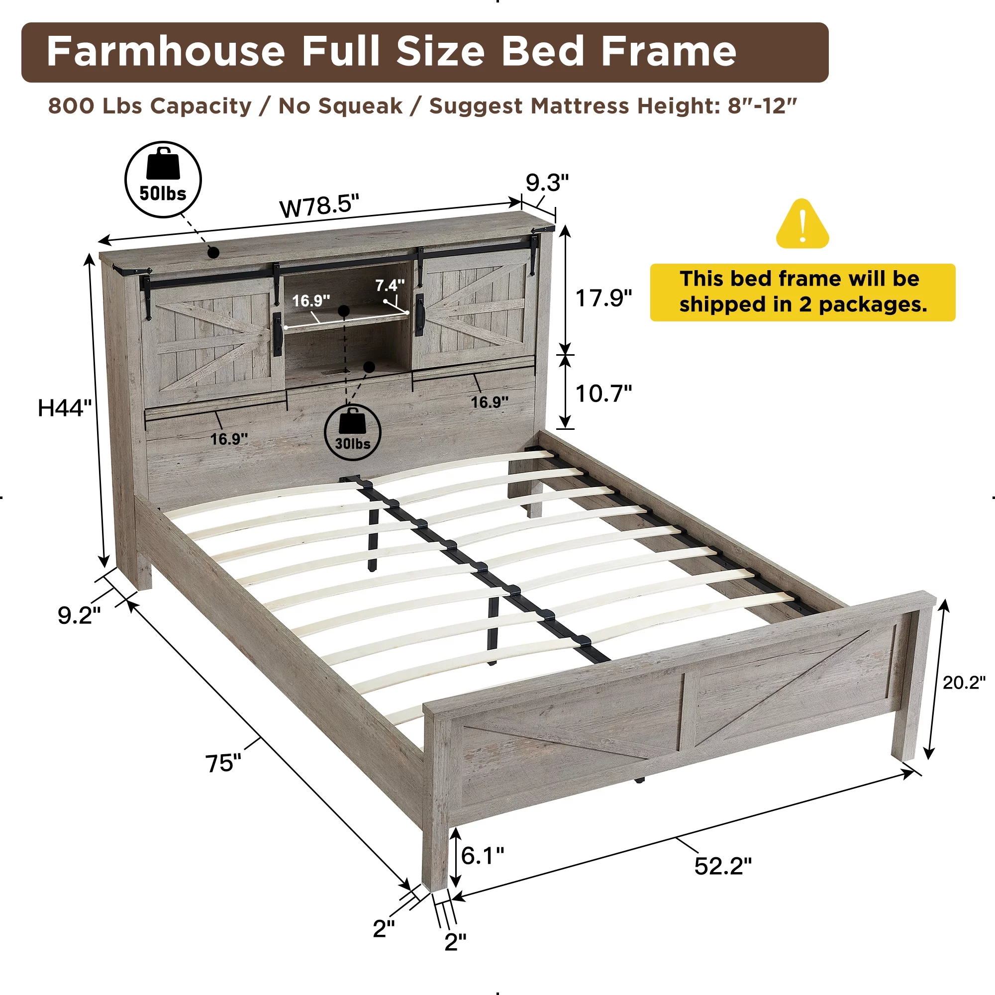 OKD Modern Farmhouse Full Platform Bed with Bookcase Headboard Storage and Charging Station, No Box Spring Needed, Anitique White Finish