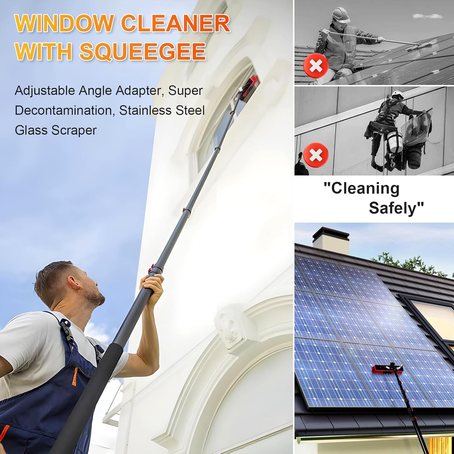 Solar Panel Cleaning Brush with Inline Water Filter System, Water Fed Pole Kit with Telescopic Pole 30 Feet, Window Squeegee Kit for Photovoltaic and Solar Panel Glass Window Roof