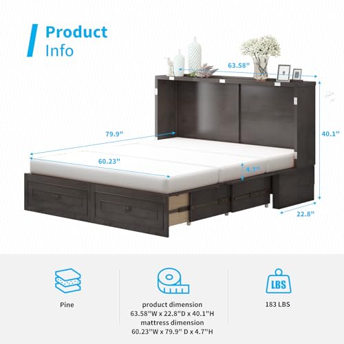 Mjkone Murphy Bed Cabinet, Queen Size Cabinets Bed Chest with USB Charging Station & Tri-Folding Mattress, Wall Beds with Storage Drawers for Guest Bedroom Apartment Office, Easily Convertible, White