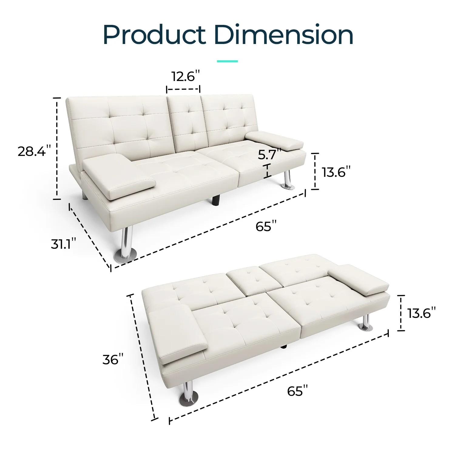 Linsy Home Convertible Upholstered Faux Leather Futon Couch, White