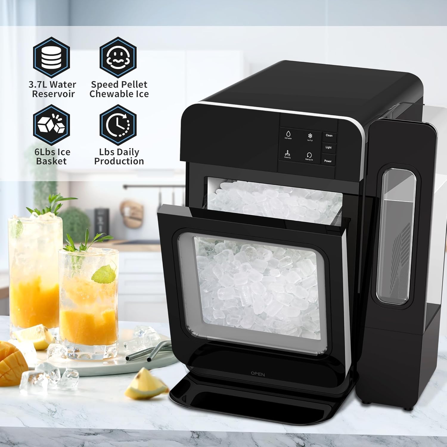 Countertop Nugget Ice Maker, Portable Ice Machine 33 lbs/Day Chewable Ice with Self-Cleaning & Auto Water Refill, Suitable for Home Office Bar Party (Black)
