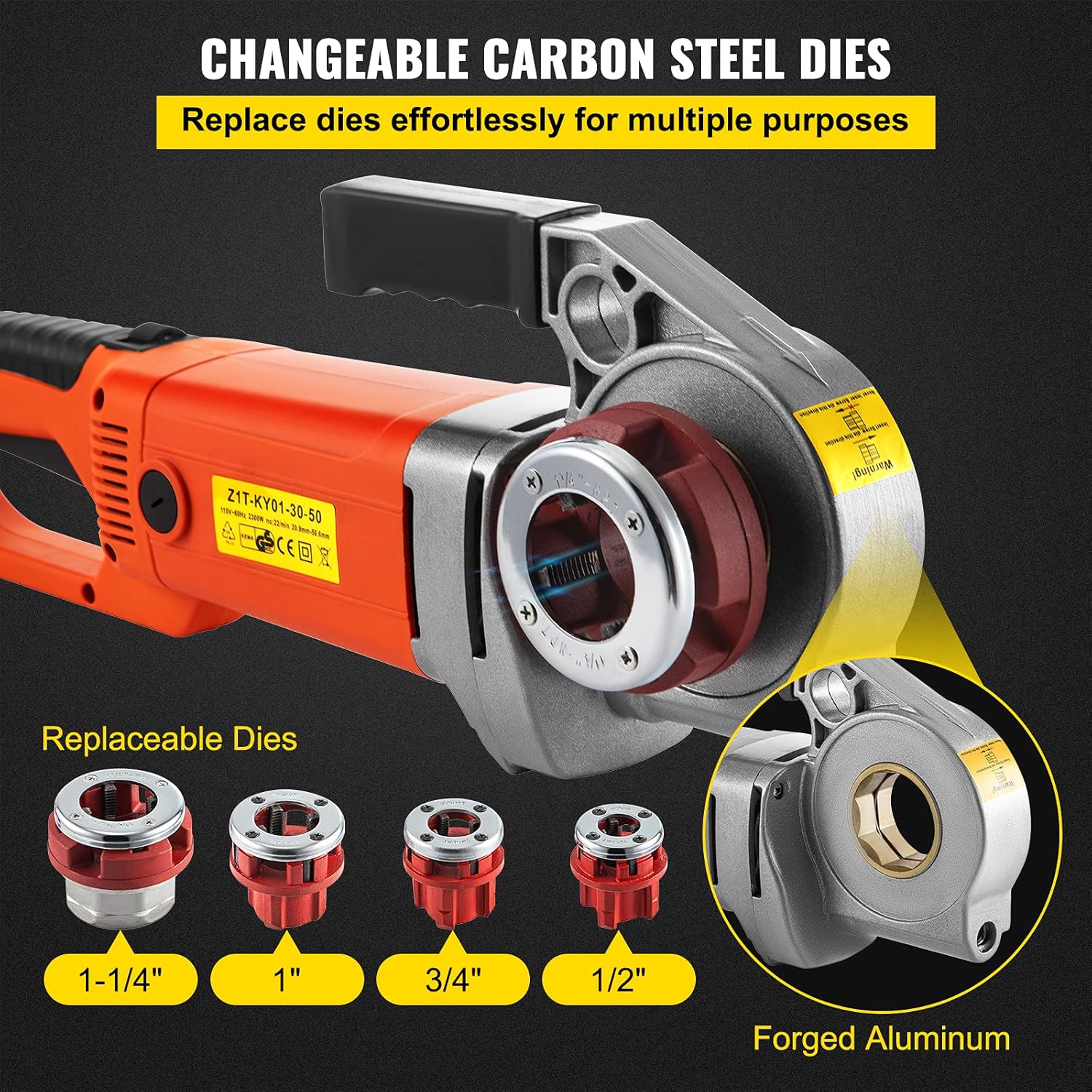 VEVOR Electric Pipe Threader, 2300W Pipe Threading Machine, Heavy-Duty Hand-Held Power Drive Kit, 110V Pipe Threader Machine Copper Motor, Portable Pipe Threader w/ 4 Dies 1/2-1 1/4 & Carrying Case