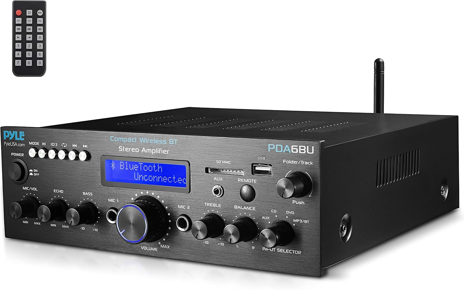 Wireless Bluetooth Power Amplifier System - 200W Dual Channel Sound Audio Stereo Receiver w/ USB, SD, AUX, MIC w/ Echo, Radio, LCD - For Home Theater Entertainment via RCA, Studio Use - Pyle PDA6BU.6 Pack of 2
