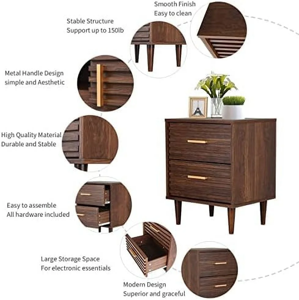 Nightstands Set of 2 End Table with 2 Drawers  Bed Side Table for Bedroom  Mid Century Modern Side Table with  Vintage Wood Accent Table for Living Room  Rustic Brown (2 Pack)