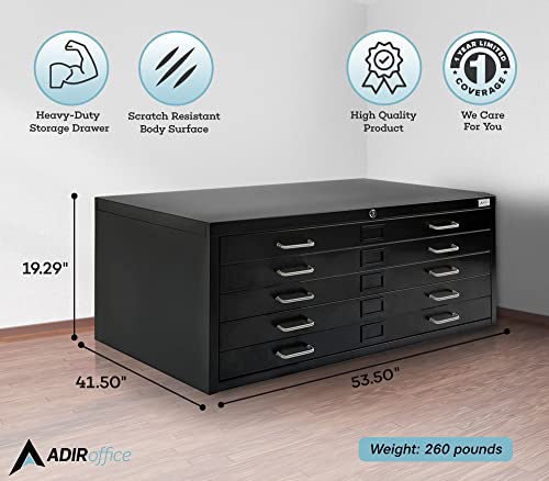 AdirOffice Flat File Cabinet - Heavy Duty 5-Drawer Blueprint Sheets Storage, 41" x 53" Great for Documents Sized 36” x 48”, Ideal for Artists, Art Files, Engineers, Architects, Offices - Black
