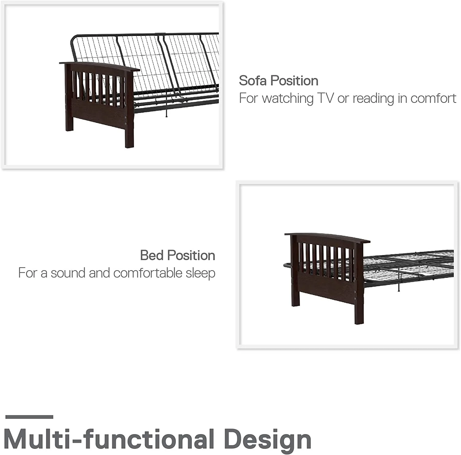 Elbi Full Size Wood Arm And Black Metal Futon Frame, Natural