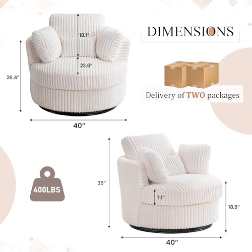 Chair and A Half with Ottoman, 360° Swivel Accent Barrel Chair Modern Comfy Round Reading Sofa Swivel Chairs Circle Lounge Chair for Bedroom Living Room w/4 Pillow Lower Seating Heigh (White, Large)
