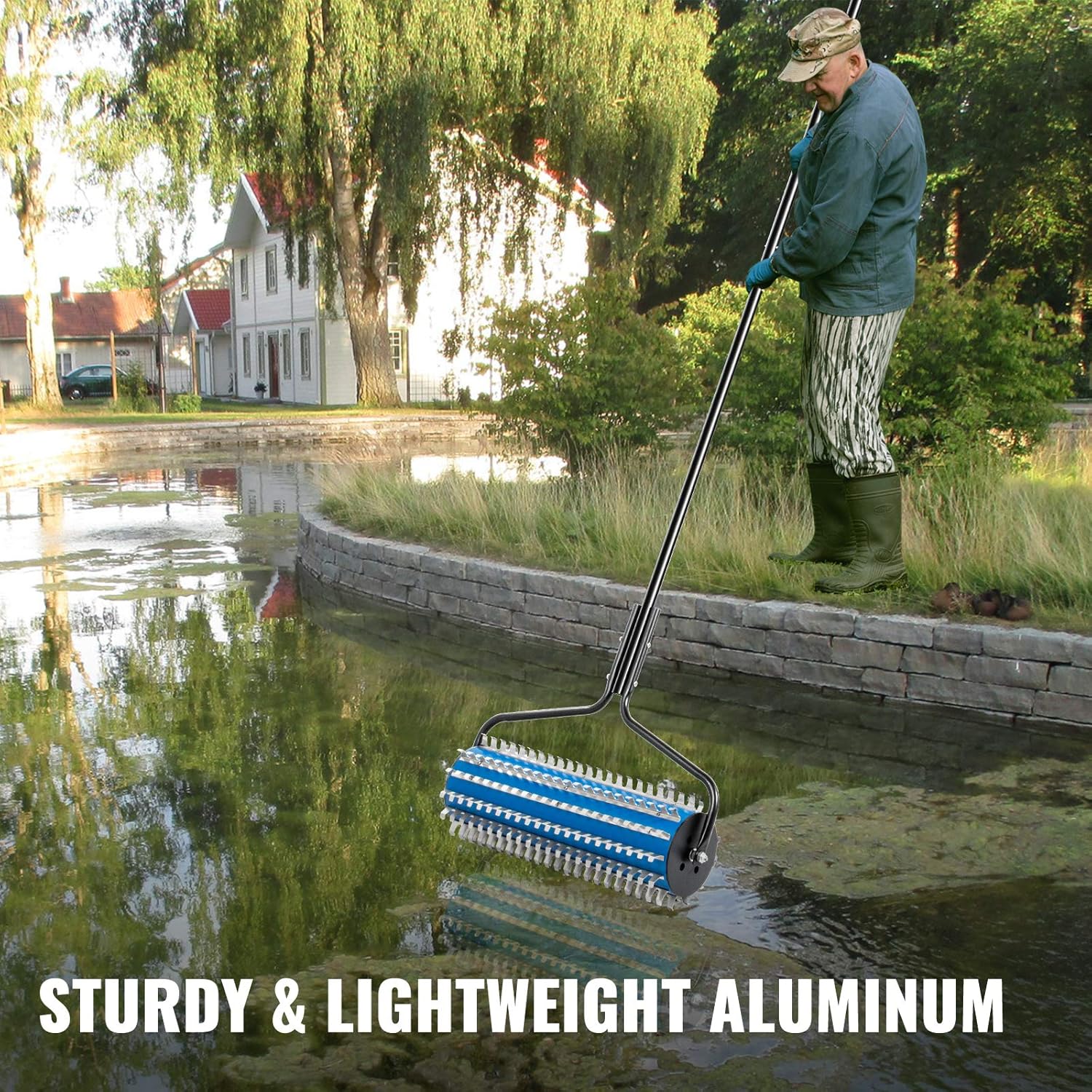 Happybuy Roller Weed Rake, 12 ft Lake Weed Cutter, Clean Aquatic Weeds Muck Silt Lake Rakes, Lake Weed Rake for Lake Pond Beach and Landscaping, Lake Weed Roller Rake with Extension Pole and Rope