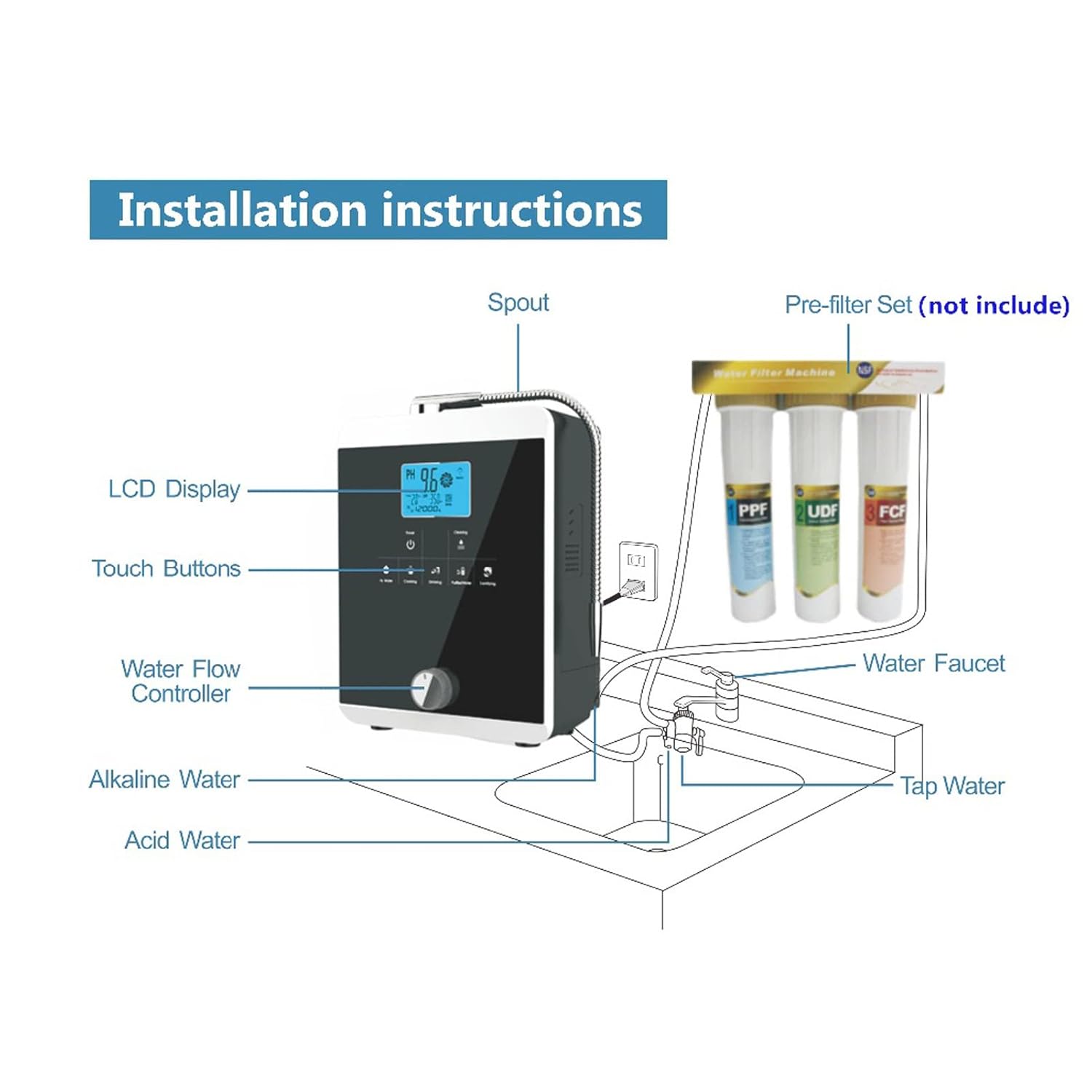 Alkaline Water Machine, Water Ionizer Machine,Hydrogen Water Generator,Produces pH 3.5-10.5 Alkaline Acid Water Water Filter System for Home