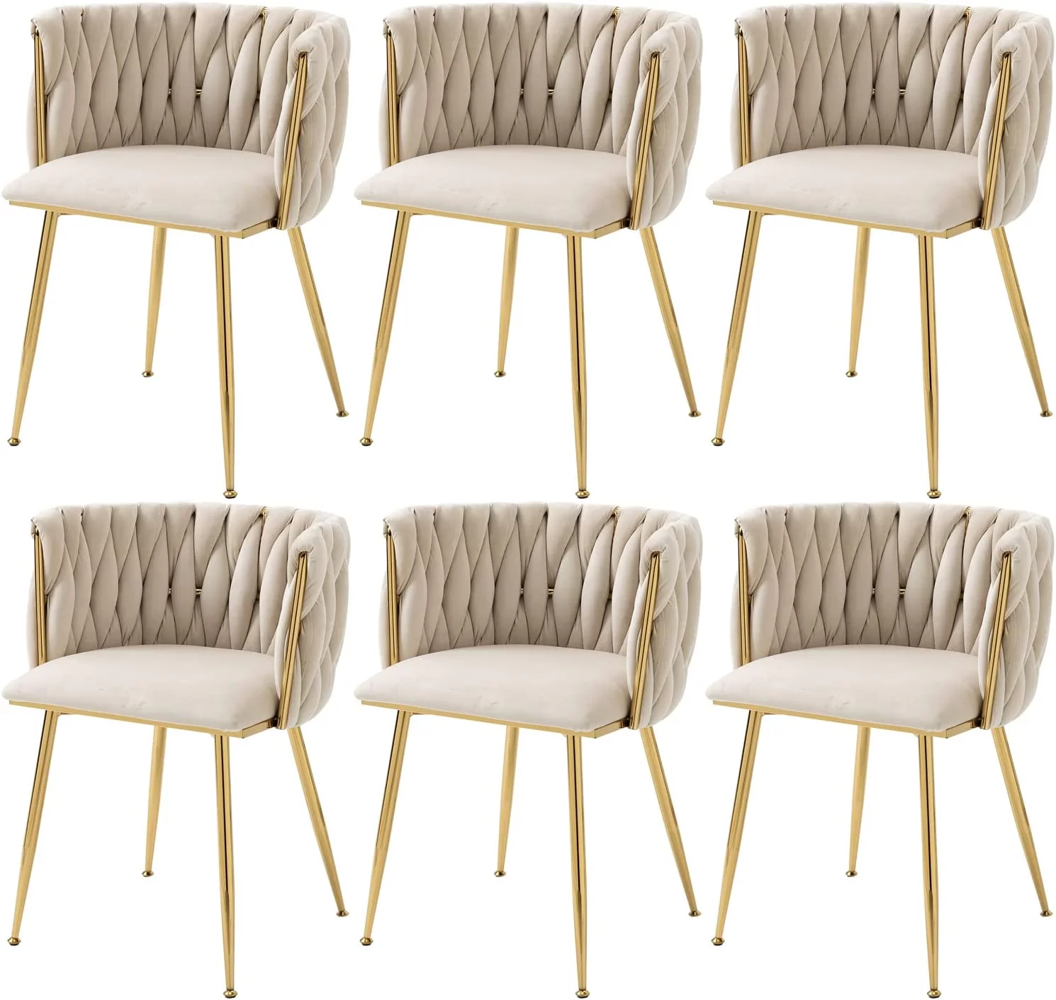 Tzicr Velvet Dining Chairs Set of 6, Modern Woven Upholstered Dining Chairs with Gold Metal Legs,Luxury Tufted Dining Chairs for Living Room, Bedroom, Kitchen (Beige)
