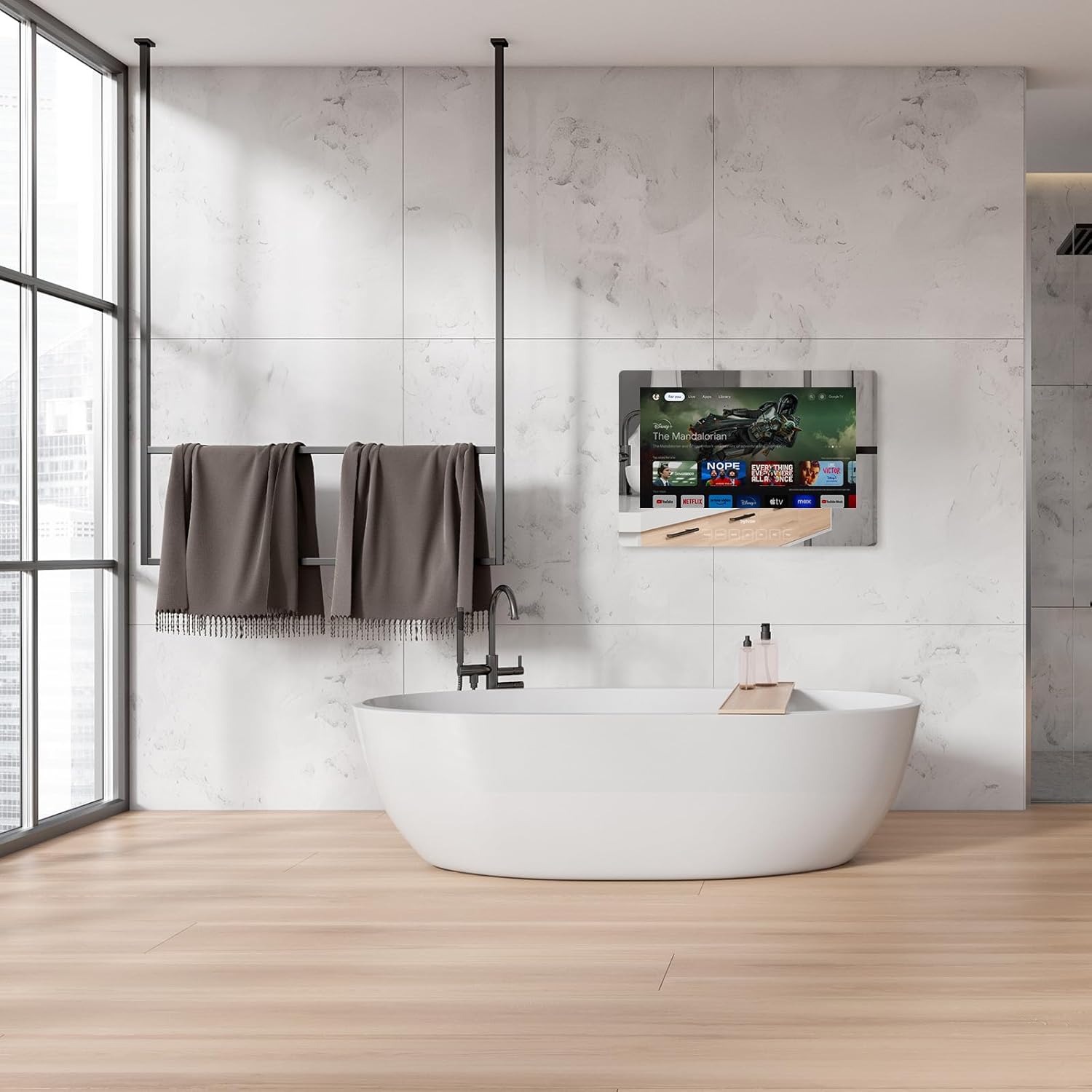 SYLVOX 24 inch Bathroom TV, 1080P Smart Mirror TV Google System NTSC & ATSC Tuner Support WiFi Bluetooth 500 nits High Brightness, IP66 Waterproof TV for Bathroom Bathtub Hotel Shower Spa (Wall Mount)