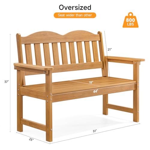 Outdoor Bench, 2-Person Poly Lumber Garden Bench with 800 lbs Weight Capacity, All-Weather Patio Bench with Armrests and Backrest for Garden, Porch, Backyard and Park, Blue