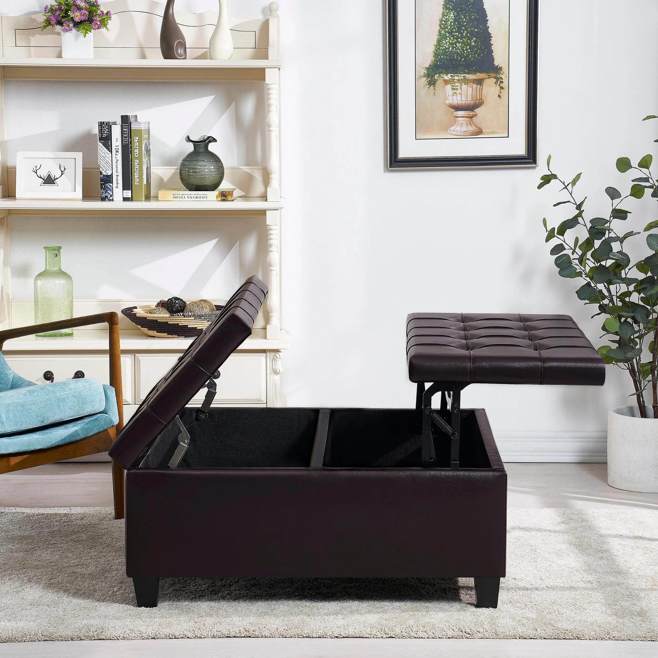 Supfirm Large Square Faux Leather Storage Ottoman | Coffee table for Living Room  Bedroom (Dark Brown)