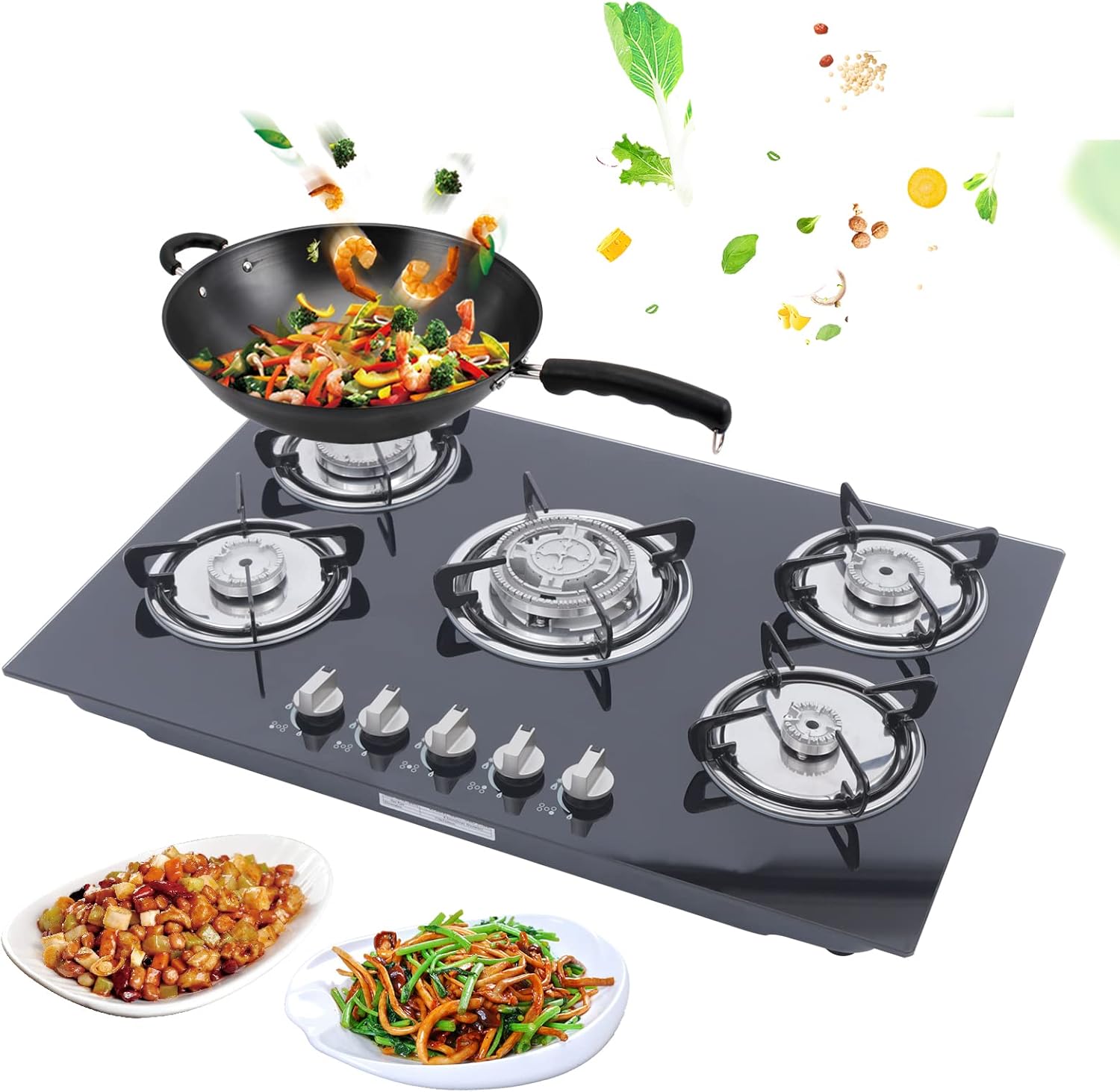 5 Burners Gas Cooktop, 30'' LPG/NG Built-In Stove Top Gas Hob Tempered Glass Stovetop Cooker Gas Stove Top Cooktop Kitchen Cooktop for Apartments, Home, Kitchen, RVS