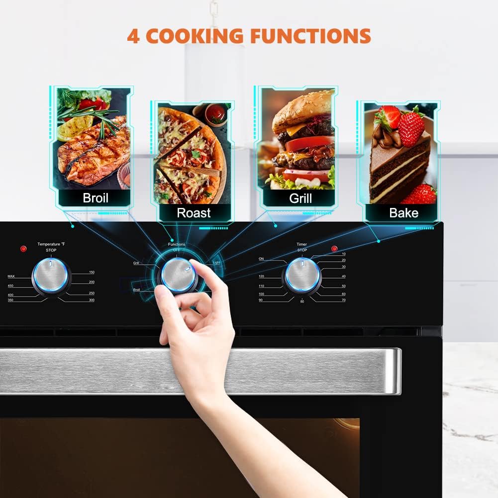 24 Inch Single Wall Oven, thermomate 2.3 Cu.ft. Electric Wall Oven with 5 Cooking Functions,Black Tempered Glass Finish, 2000W Built-in Wall Ovens with Mechanical Knobs Control, ETL Certified