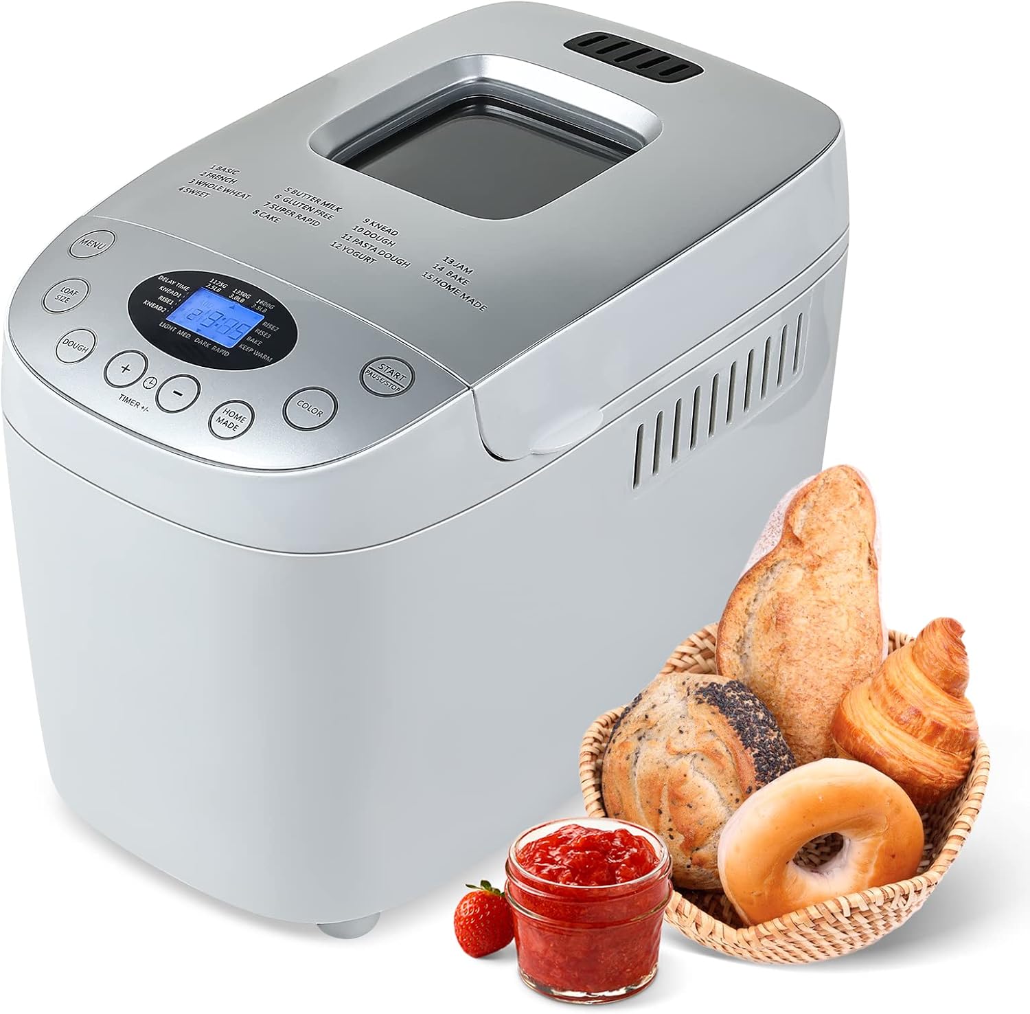 3.5LB Bread Maker Machine 15-in-1 Automatic Bread Machine with Dual Kneading Paddles Breadmaker with Touch Panel&LCD Display,Gluten Free Setting,3 Loaf Sizes 3 Crust Colors,White