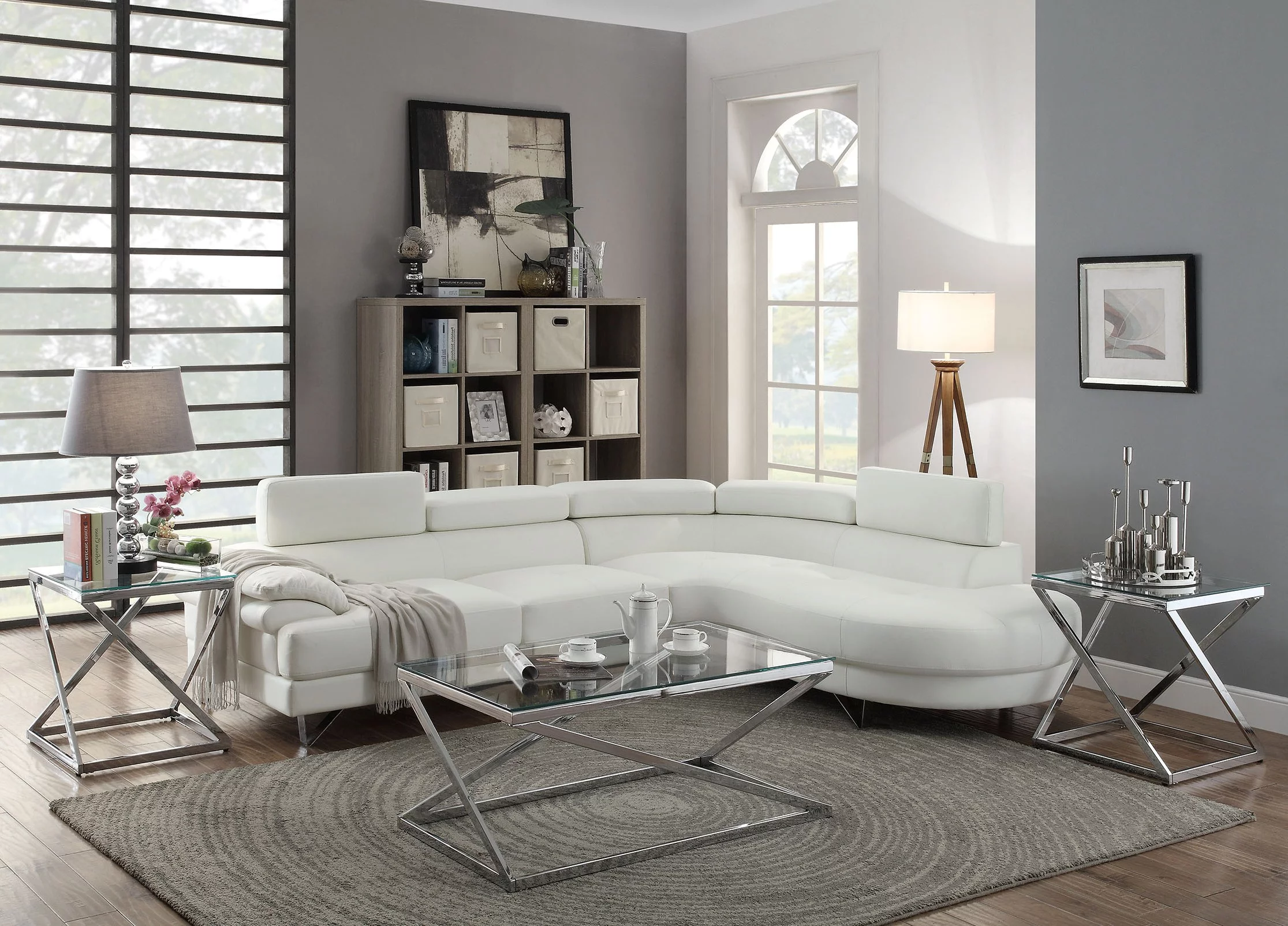 Bobkona Living Room 2pcs Sectional Sofa White Faux Leather Chaise Sofa Cushion Tufted Seat Flip up Headrest Couch