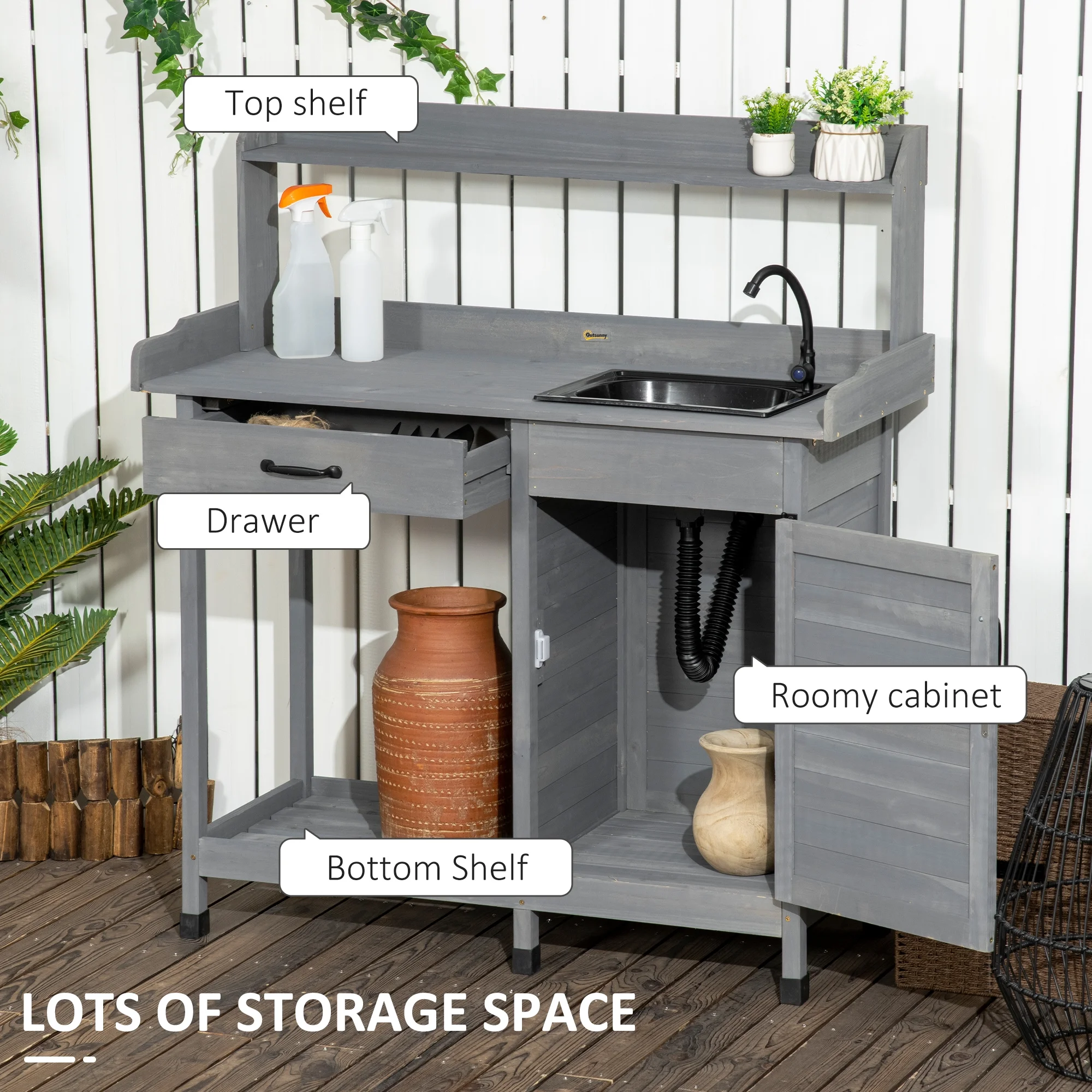 Outsunny Potting Bench Prep Table with Faucet, Sink, and Storage Cabinet