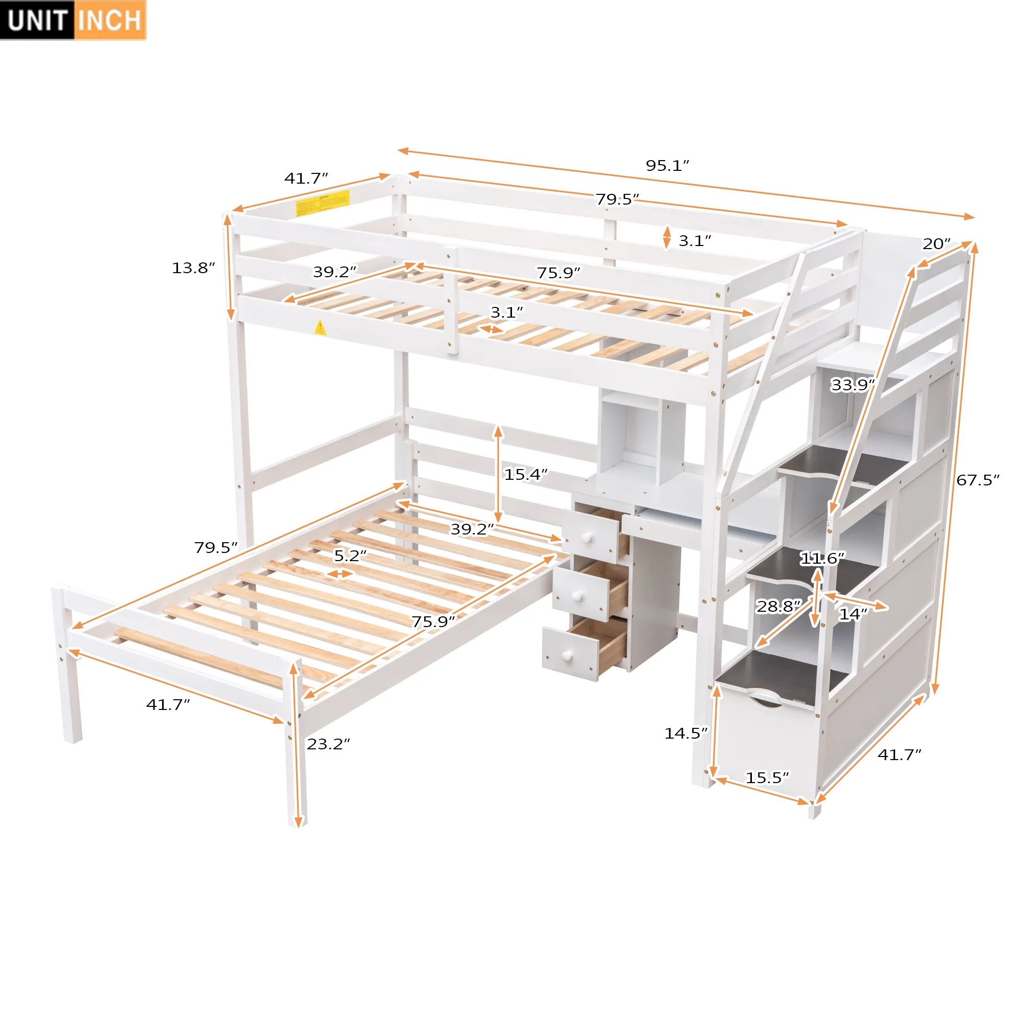 Euroco Wood Twin Bunk Loft Bed with Desk, Drawers and Shelf for Kids, White