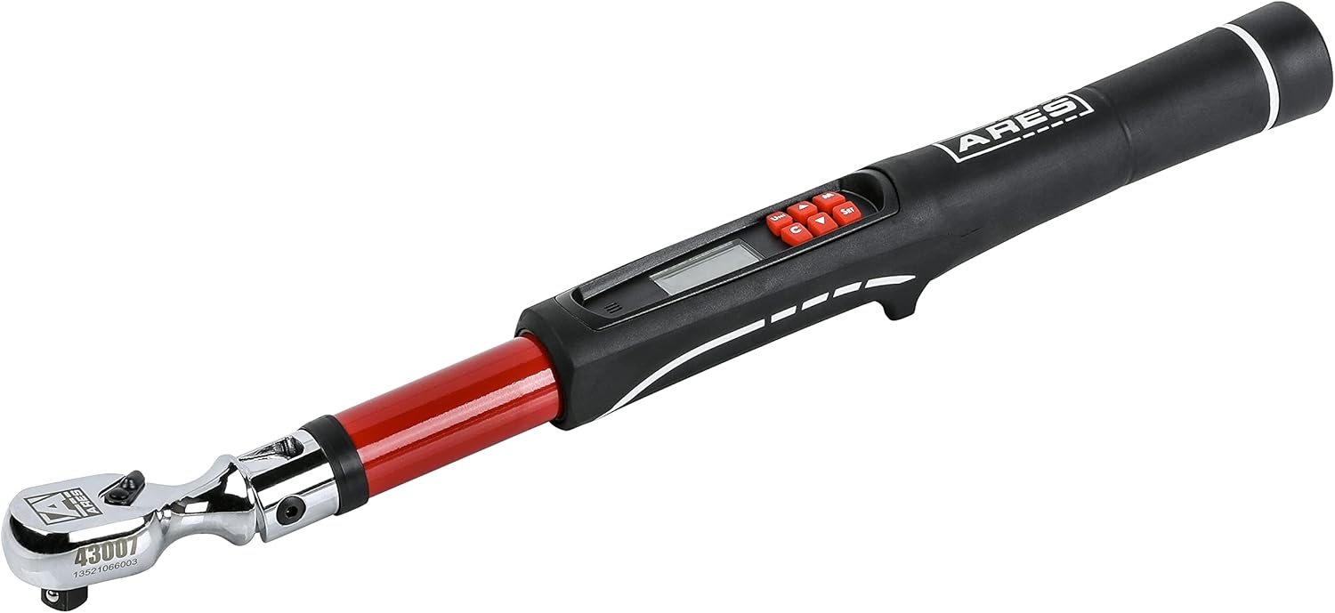 ARES 43007 - 3/8-Inch Drive Flex Head Electronic Digital Torque and Torque Angle Wrench - 10-100 ft/lbs (13.5-135Nm) - +/- 2% Accuracy - Reversible Thumb Switch - Multi-Alert Prevents Over-Torquing