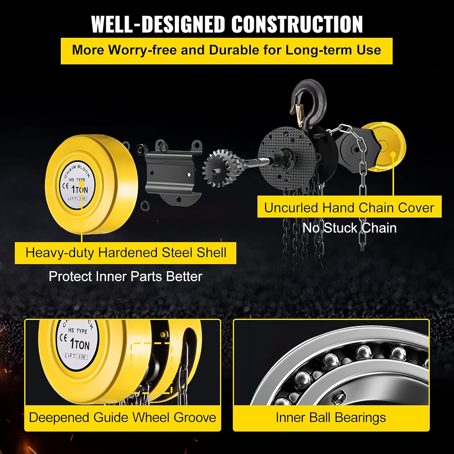 VEVOR Hand Chain Hoist, 2200 lbs /1 Ton Capacity Chain Block, 15ft/4.5m Lift Manual Hand Chain Block, Manual Hoist w/Industrial-Grade Steel Construction for Lifting Good in Transport & Workshop, Yell Pack of 2