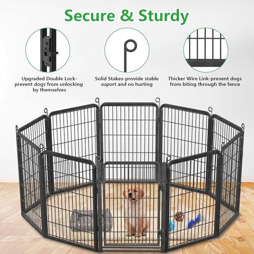 Dog Playpen Outdoor with Low Threshold Full Gate, 32" Height 10 Panels Large Dog Fence Outdoor for Yard, Heavy Duty Pet Playpen Metal Play Pen Portable Fence for RV Camping, Yard